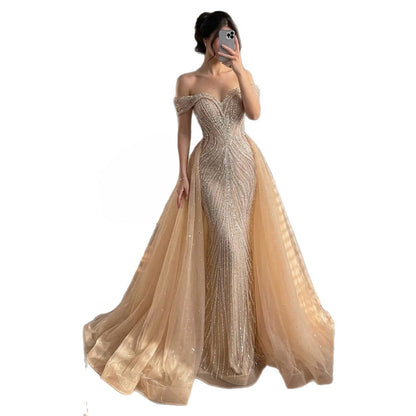 Luxury Nude Off Shoulder Crystal Beaded Mermaid Dress LA73710A