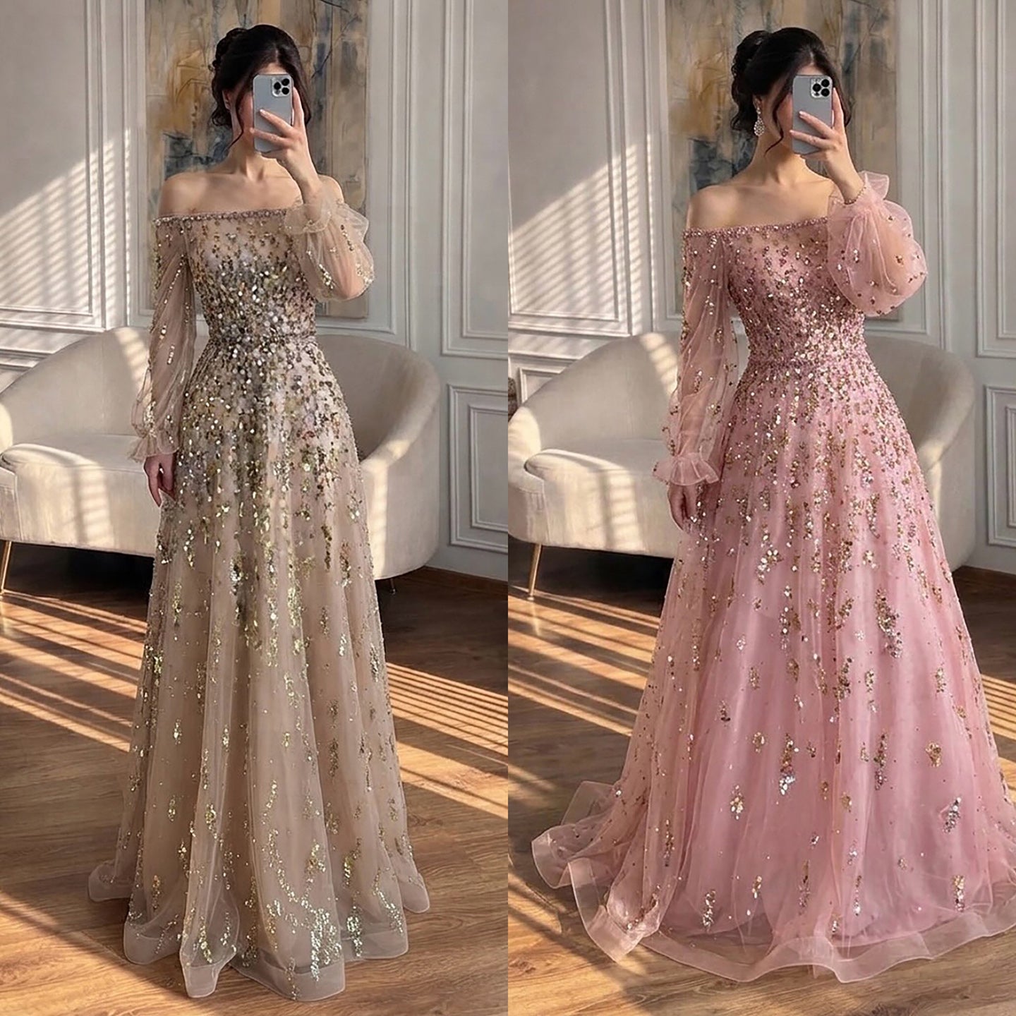 Luxury Pink Sequin Off Shoulder Tulle A Line Evening Dress LA73711