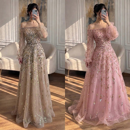 Luxury Pink Sequin Off Shoulder Tulle A Line Evening Dress LA73711