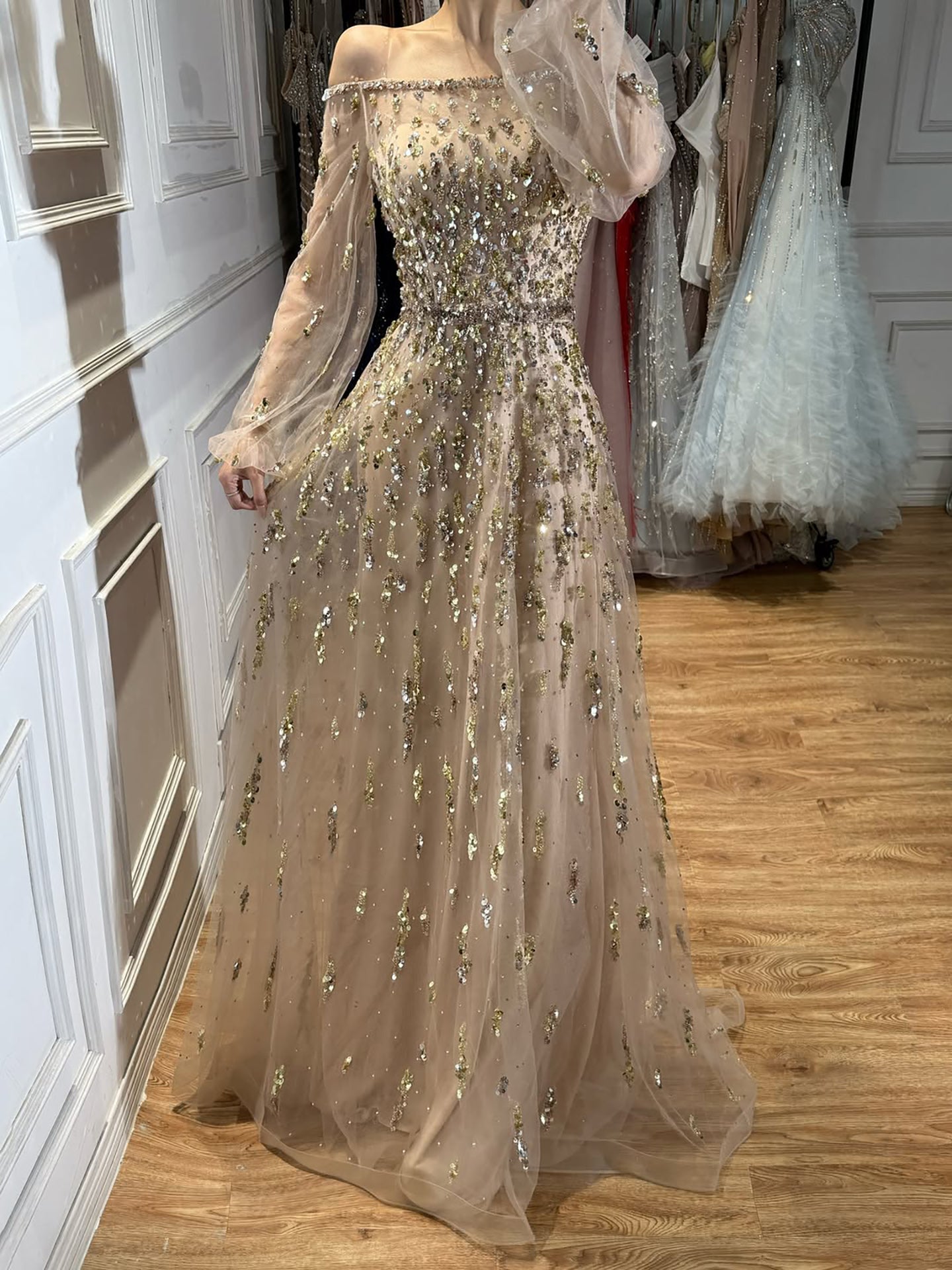 Luxury Pink Sequin Off Shoulder Tulle A Line Evening Dress LA73711