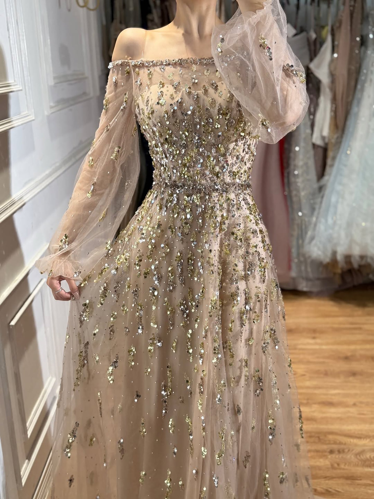 Luxury Pink Sequin Off Shoulder Tulle A Line Evening Dress LA73711