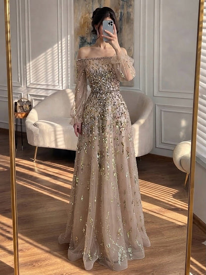 Luxury Pink Sequin Off Shoulder Tulle A Line Evening Dress LA73711