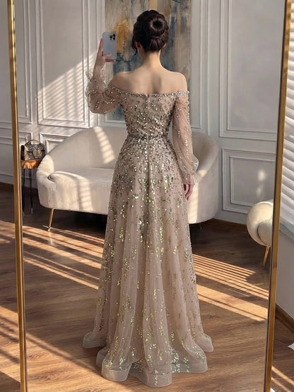 Luxury Pink Sequin Off Shoulder Tulle A Line Evening Dress LA73711