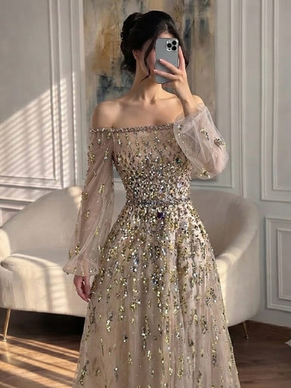 Luxury Pink Sequin Off Shoulder Tulle A Line Evening Dress LA73711