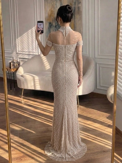 Luxury Nude Pearl Beaded High Neck Short Sleeve Mermaid Slit Evening Dress LA73713