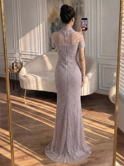 Luxury Nude Pearl Beaded High Neck Short Sleeve Mermaid Slit Evening Dress LA73713