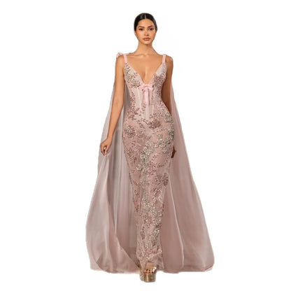Luxury Pink V Neck Crystal Beaded Mermaid Dress with Cape LA73714