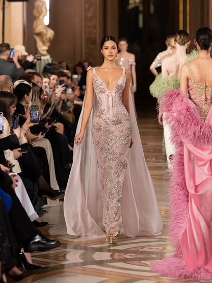 Luxury Pink V Neck Crystal Beaded Mermaid Dress with Cape LA73714