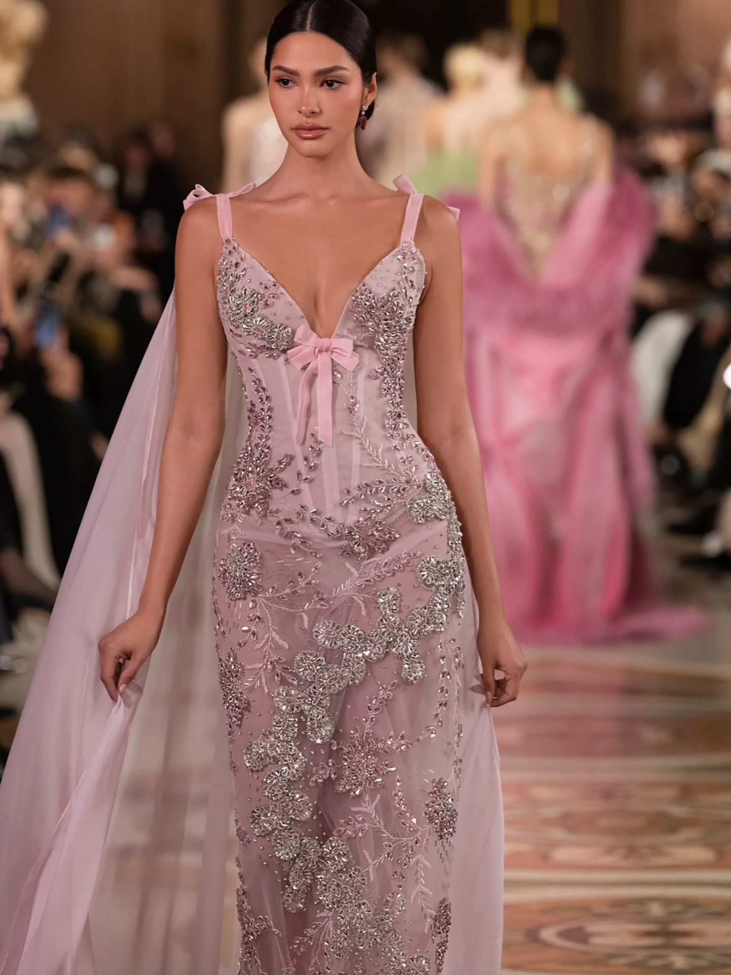 Luxury Pink V Neck Crystal Beaded Mermaid Dress with Cape LA73714