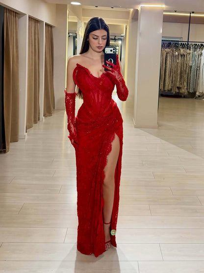 Luxury Red Lace Beaded Mermaid Evening Dress with Slit and Gloves LA73714