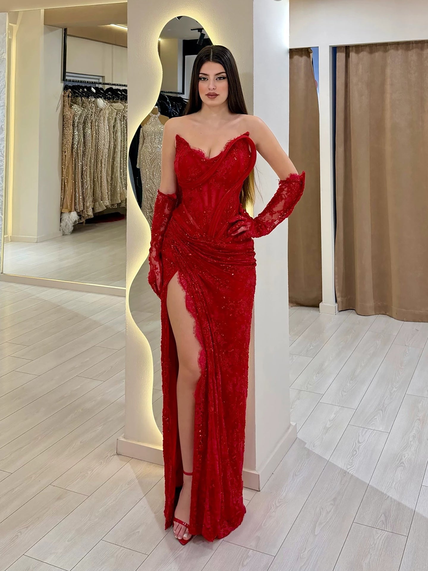 Luxury Red Lace Beaded Mermaid Evening Dress with Slit and Gloves LA73714