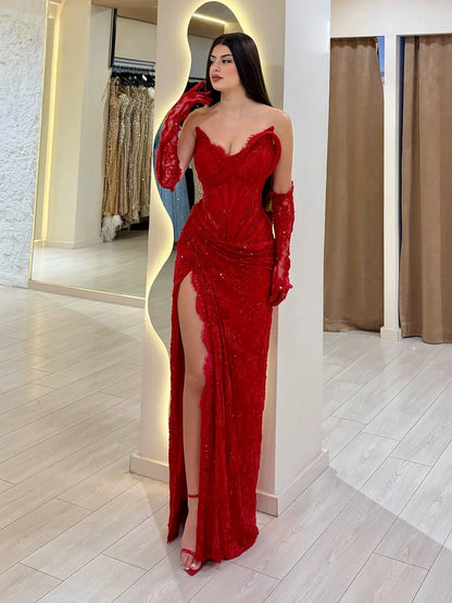 Luxury Red Lace Beaded Mermaid Evening Dress with Slit and Gloves LA73714