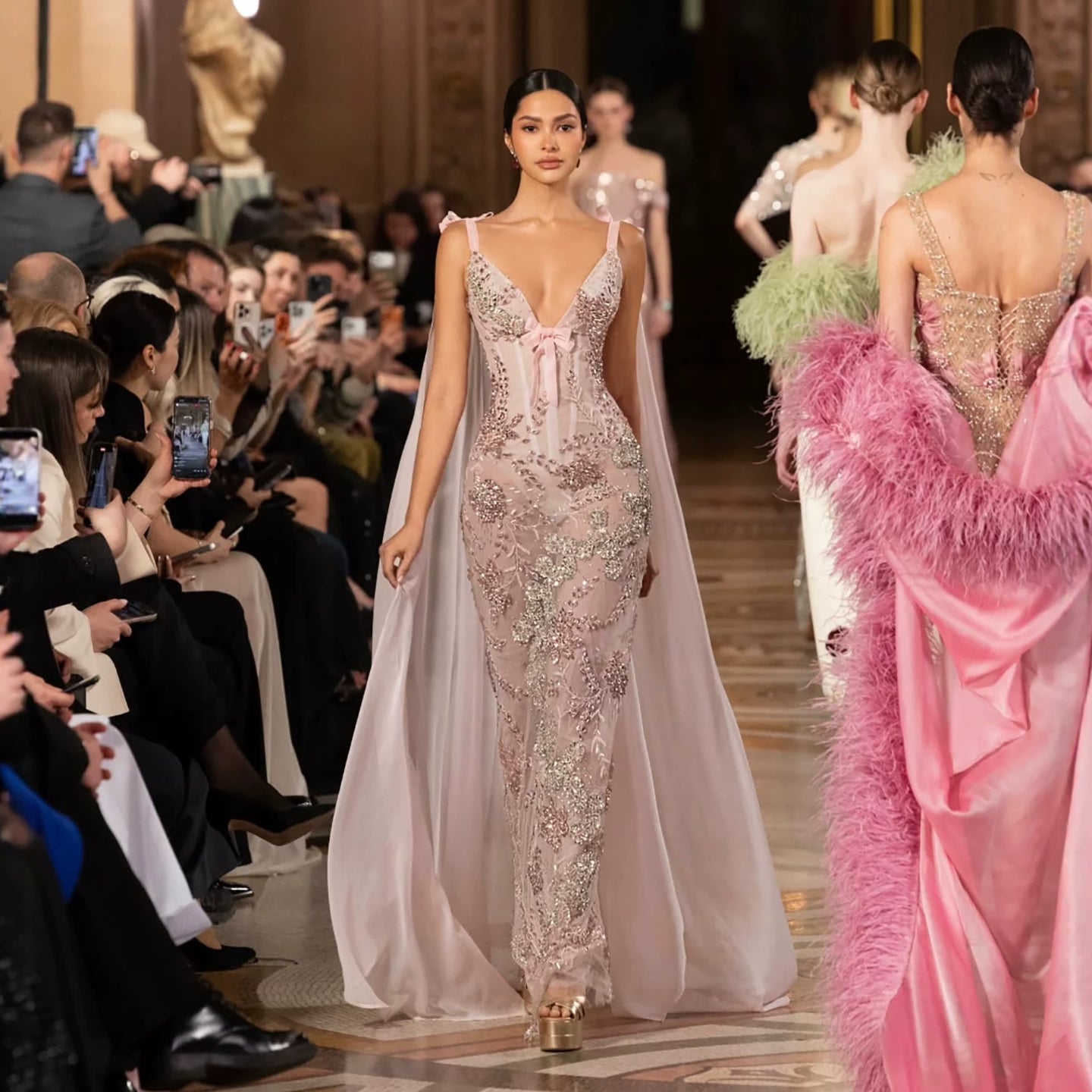 Luxury Pink V Neck Crystal Beaded Mermaid Dress with Cape LA73714