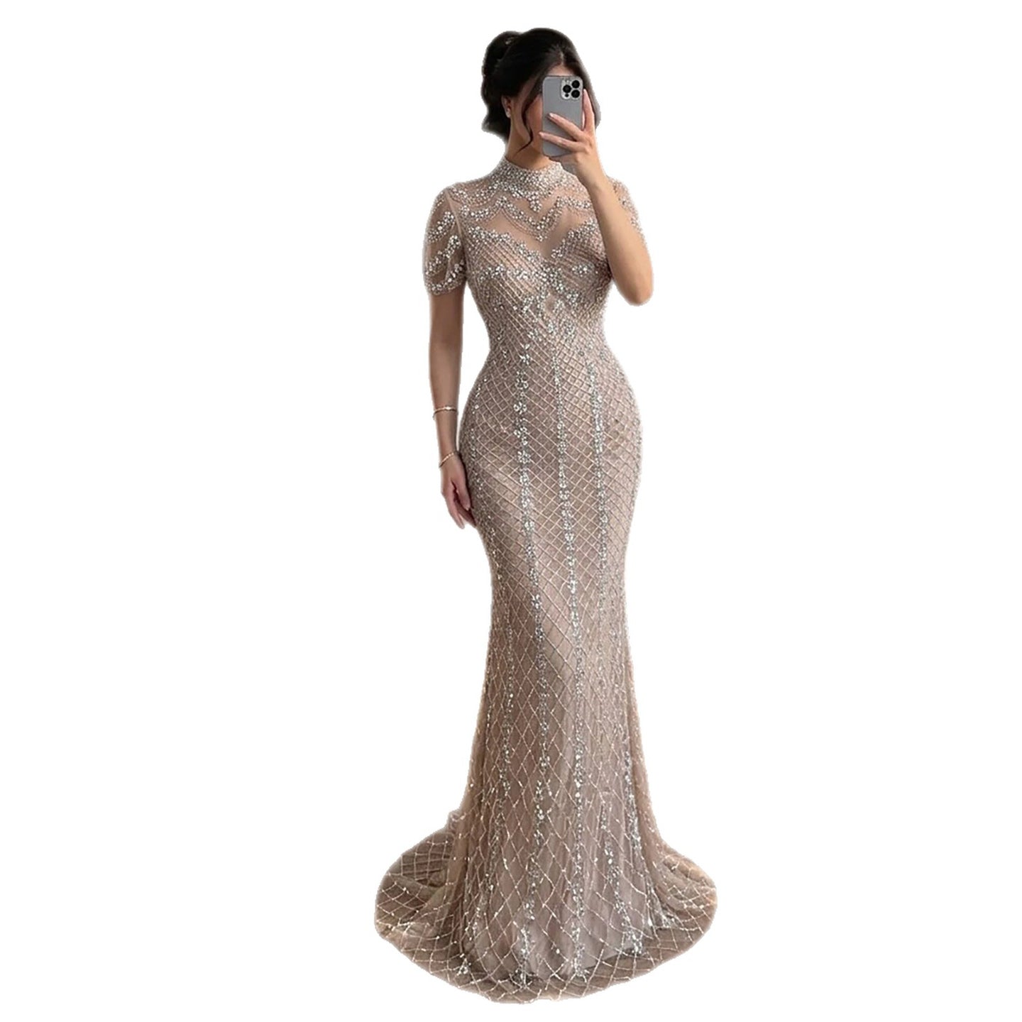 Luxury Pink Crystal Beaded High Neck Short Sleeve Mermaid Evening Dress LA73715