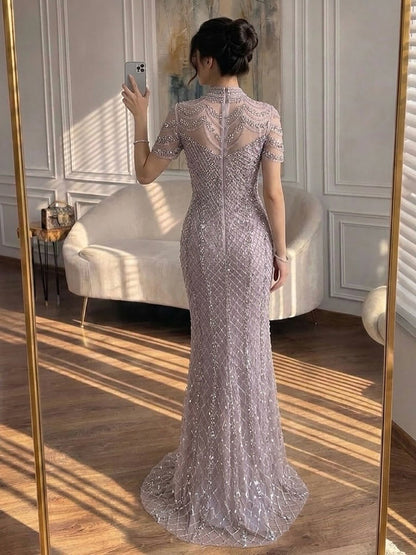 Luxury Pink Crystal Beaded High Neck Short Sleeve Mermaid Evening Dress LA73715