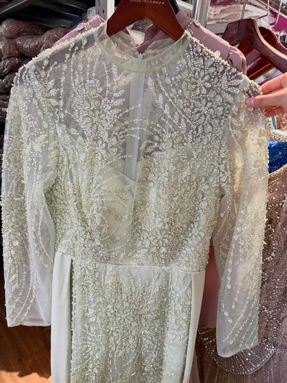 Luxury Sage Green Beaded Mermaid Dress with Overskirt LA73716