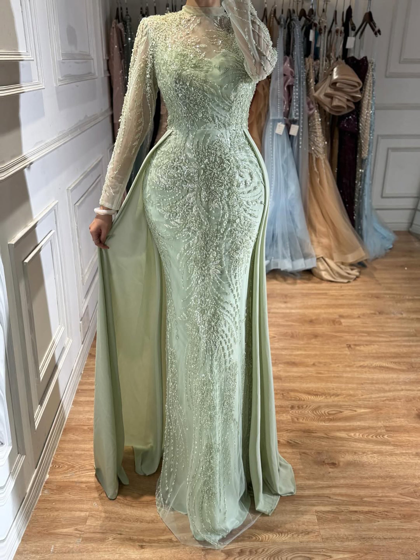 Luxury Sage Green Beaded Mermaid Dress with Overskirt LA73716