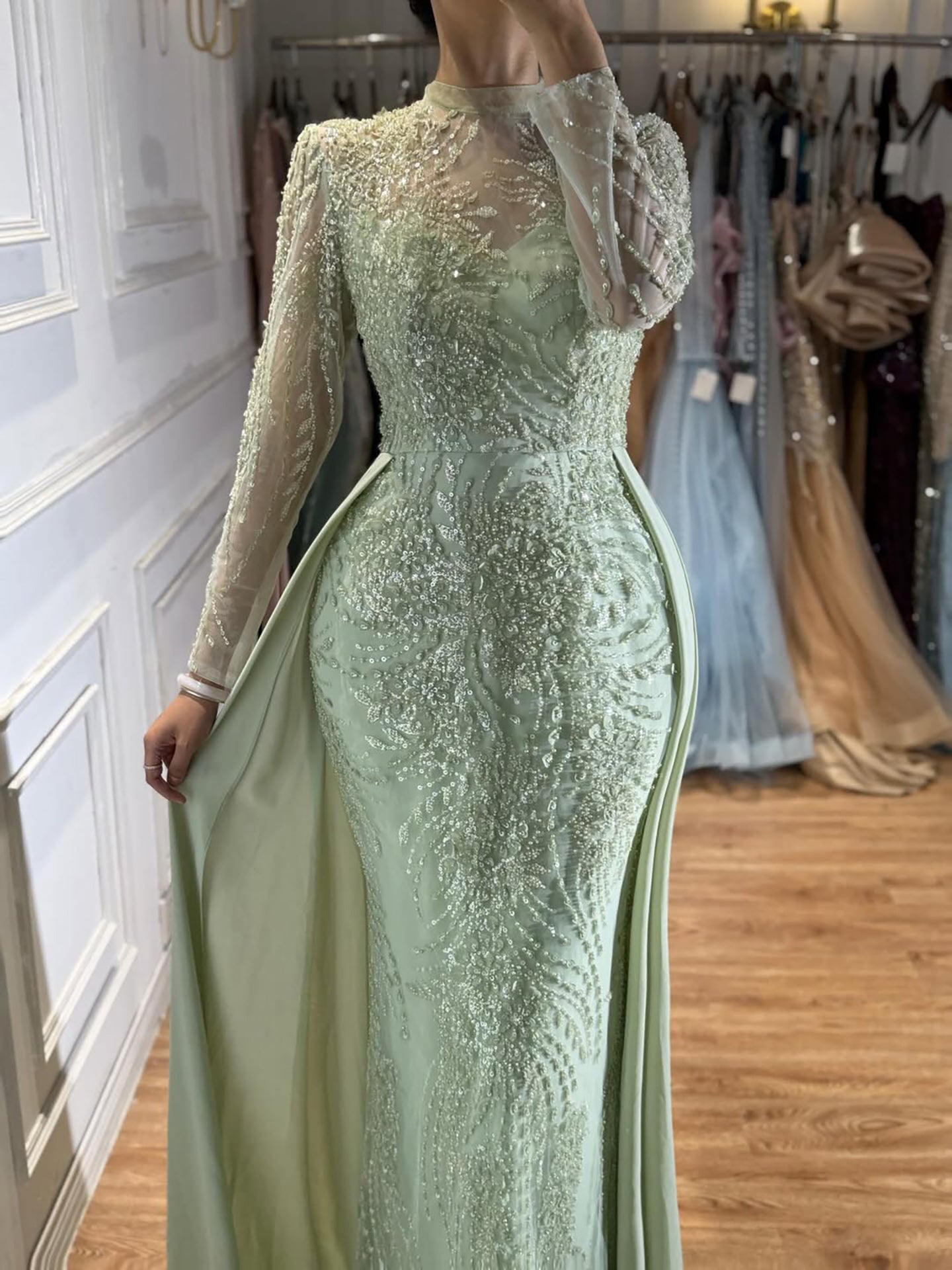 Luxury Sage Green Beaded Mermaid Dress with Overskirt LA73716
