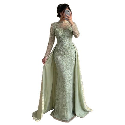 Luxury Sage Green Beaded Mermaid Dress with Overskirt LA73716