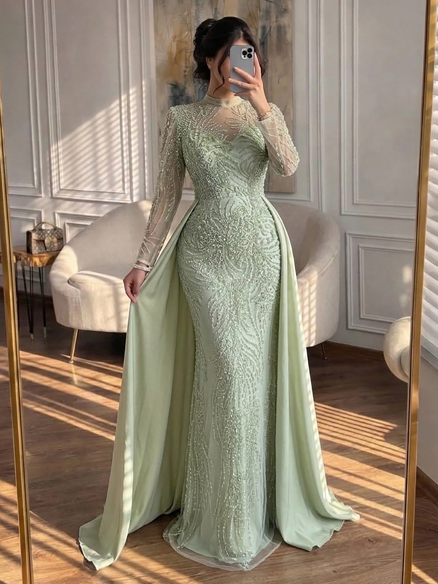 Luxury Sage Green Beaded Mermaid Dress with Overskirt LA73716