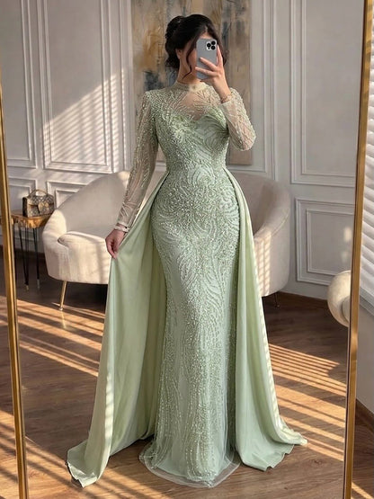 Luxury Sage Green Beaded Mermaid Dress with Overskirt LA73716