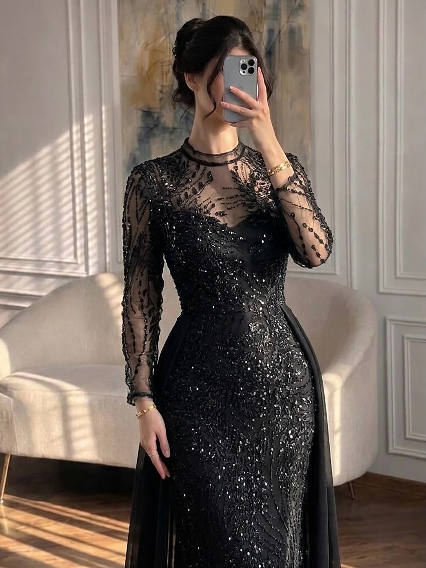 Luxury Sage Green Beaded Mermaid Dress with Overskirt LA73716