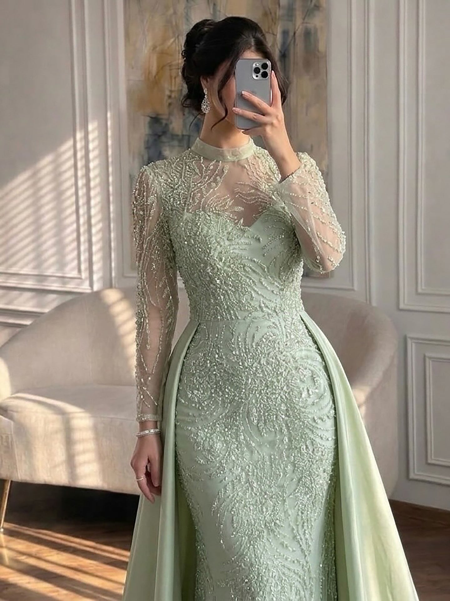 Luxury Sage Green Beaded Mermaid Dress with Overskirt LA73716