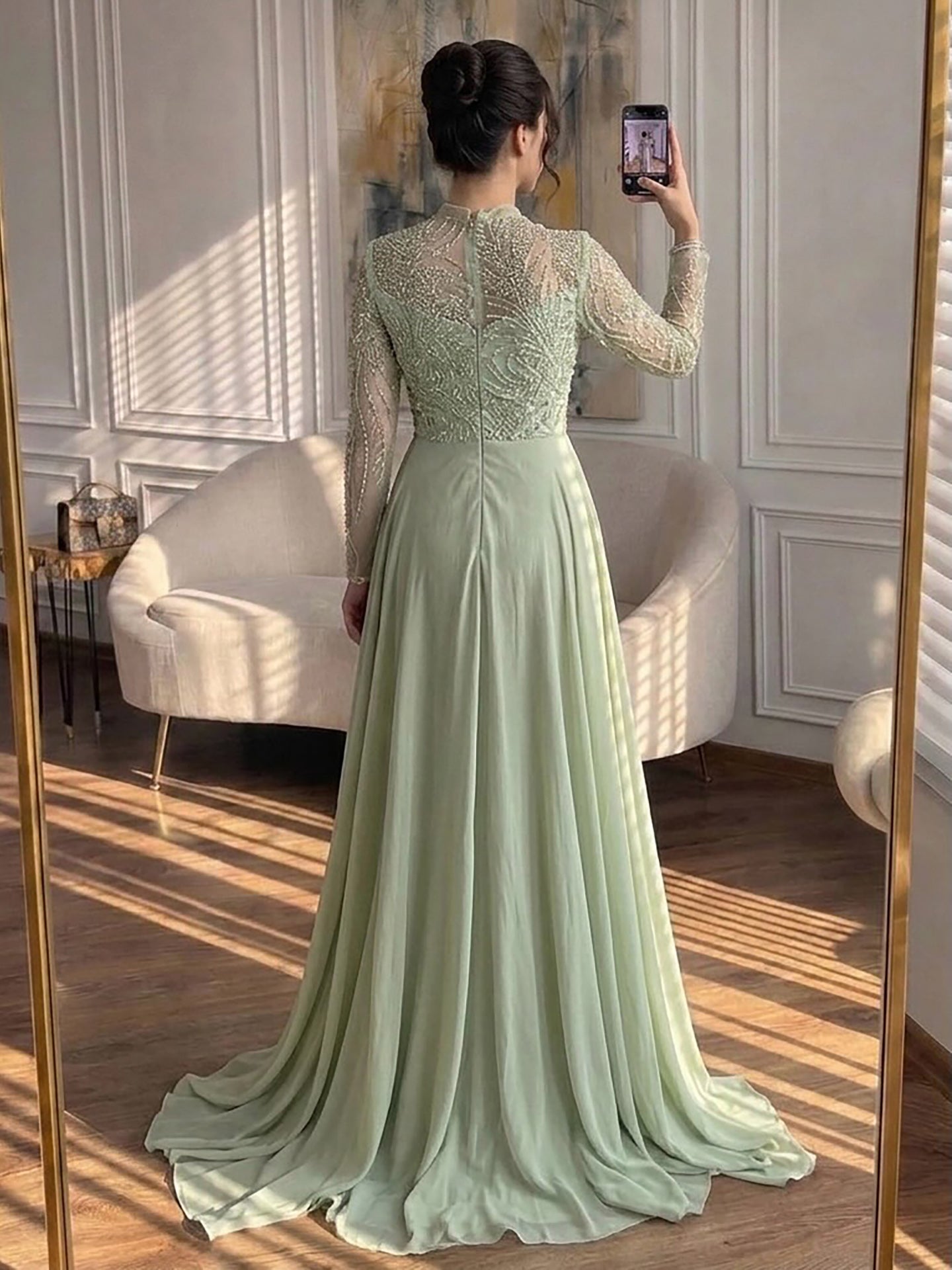 Luxury Sage Green Beaded Mermaid Dress with Overskirt LA73716