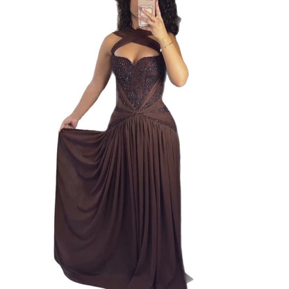 Luxury Brown Beaded A Line Evening Dress LA73717