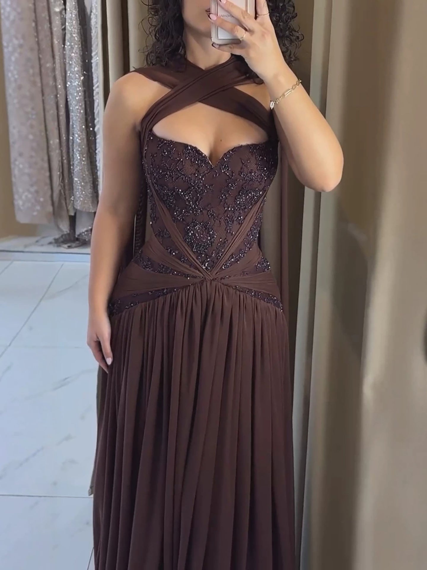 Luxury Brown Beaded A Line Evening Dress LA73717