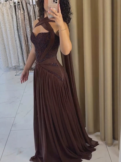 Luxury Brown Beaded A Line Evening Dress LA73717