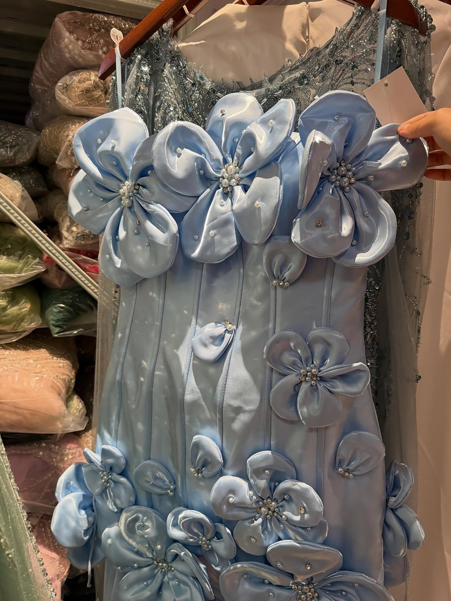 Luxury Blue Strapless 3D Flower A Line Evening Dress LA73719A