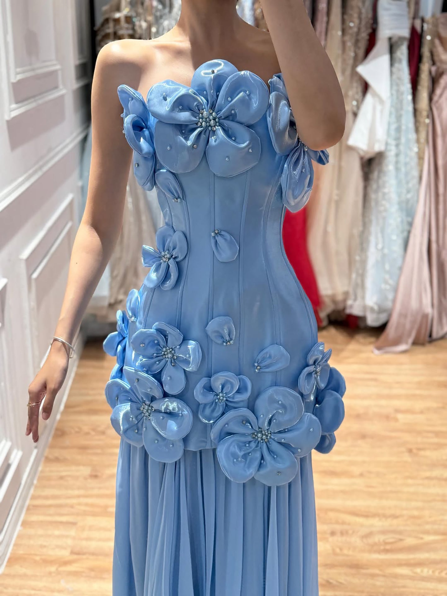 Luxury Blue Strapless 3D Flower A Line Evening Dress LA73719A