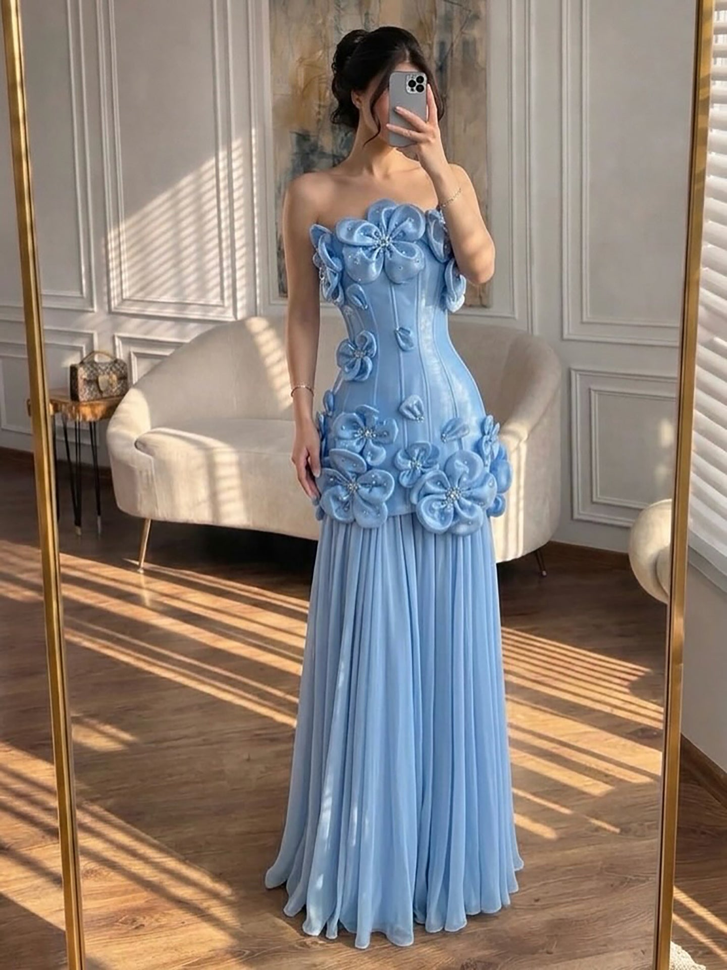 Luxury Blue Strapless 3D Flower A Line Evening Dress LA73719A