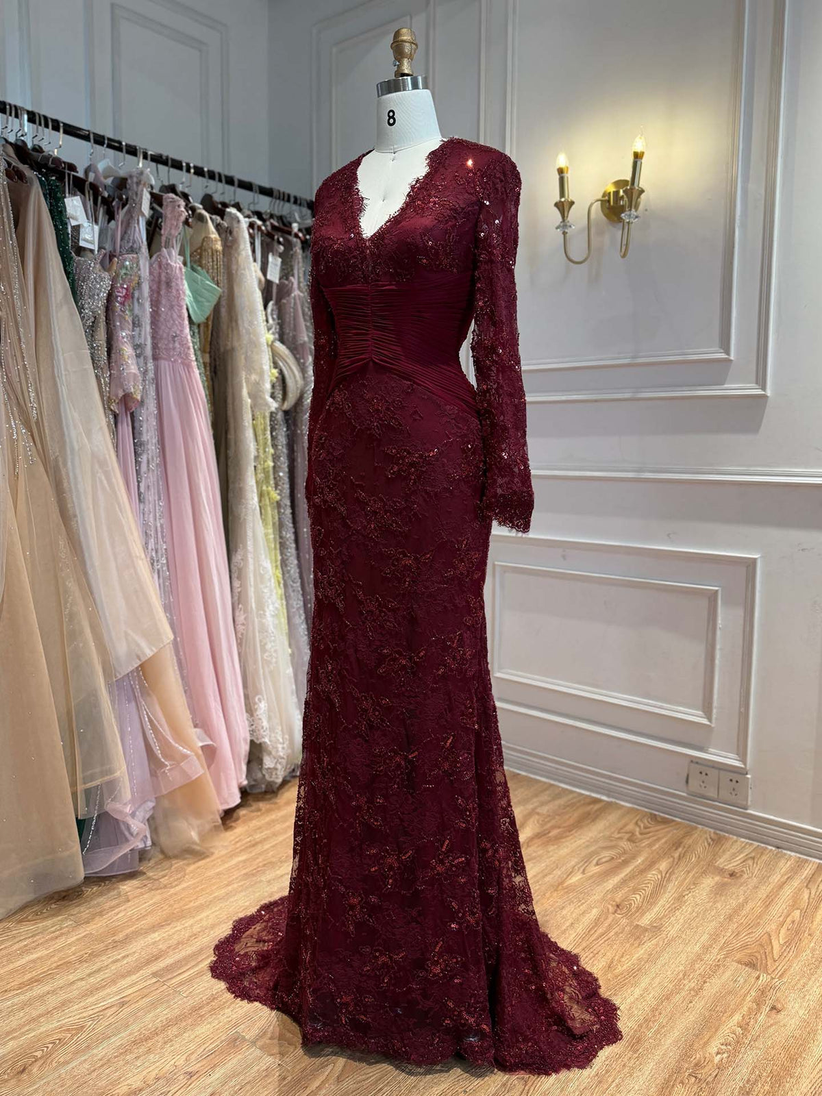 Luxury Wine Red Lace Mermaid Long Sleeve Evening Dress LA73720