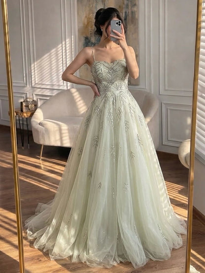 Luxury Sage Green Spaghetti Strap Beaded A-Line Evening Dress LA73721