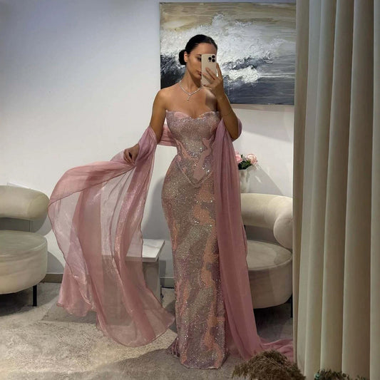Luxury Pink Beaded Mermaid Evening Dress LA73724