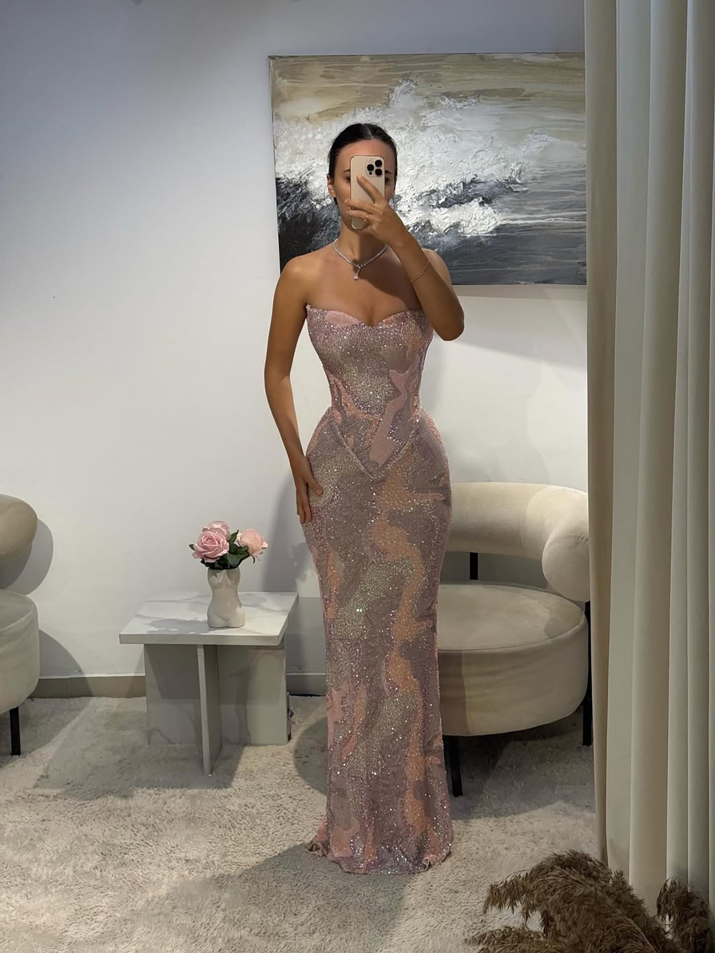 Luxury Pink Beaded Mermaid Evening Dress LA73724