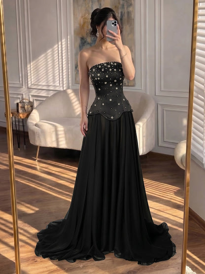 Luxury Black Chiffon Floral Beaded Strapless A Line Gown LA73728