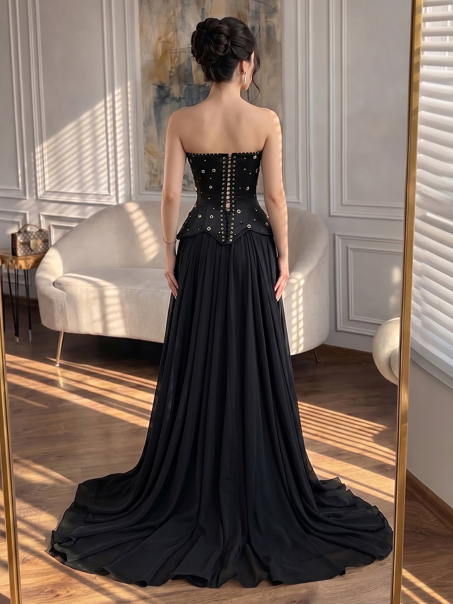 Luxury Black Chiffon Floral Beaded Strapless A Line Gown LA73728