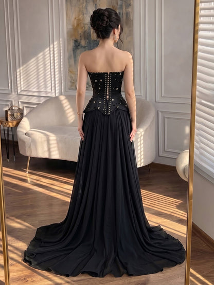 Luxury Black Chiffon Floral Beaded Strapless A Line Gown LA73728