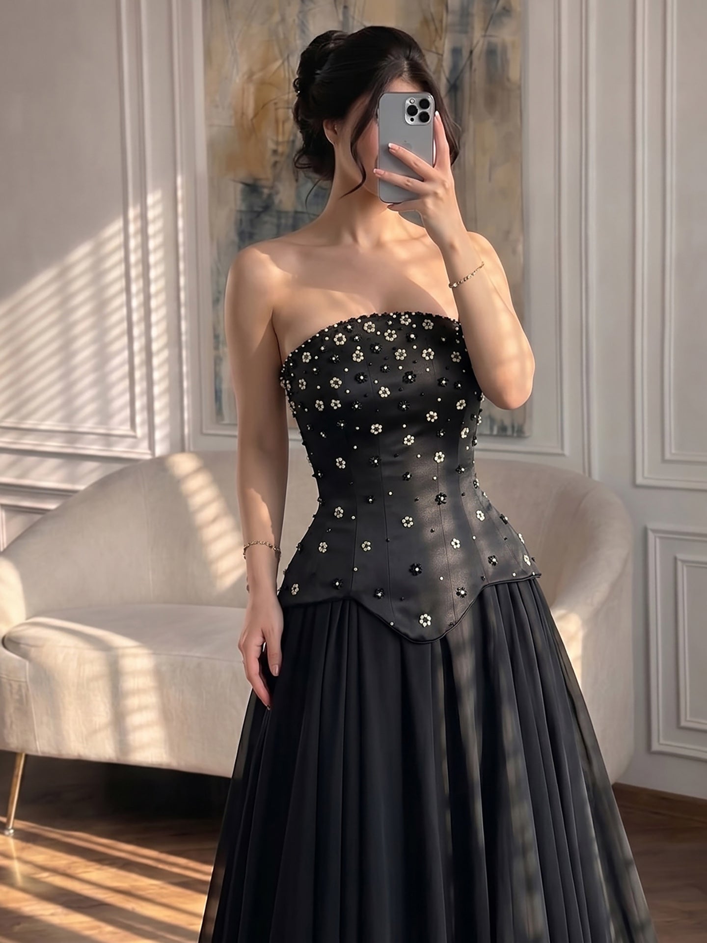 Luxury Black Chiffon Floral Beaded Strapless A Line Gown LA73728