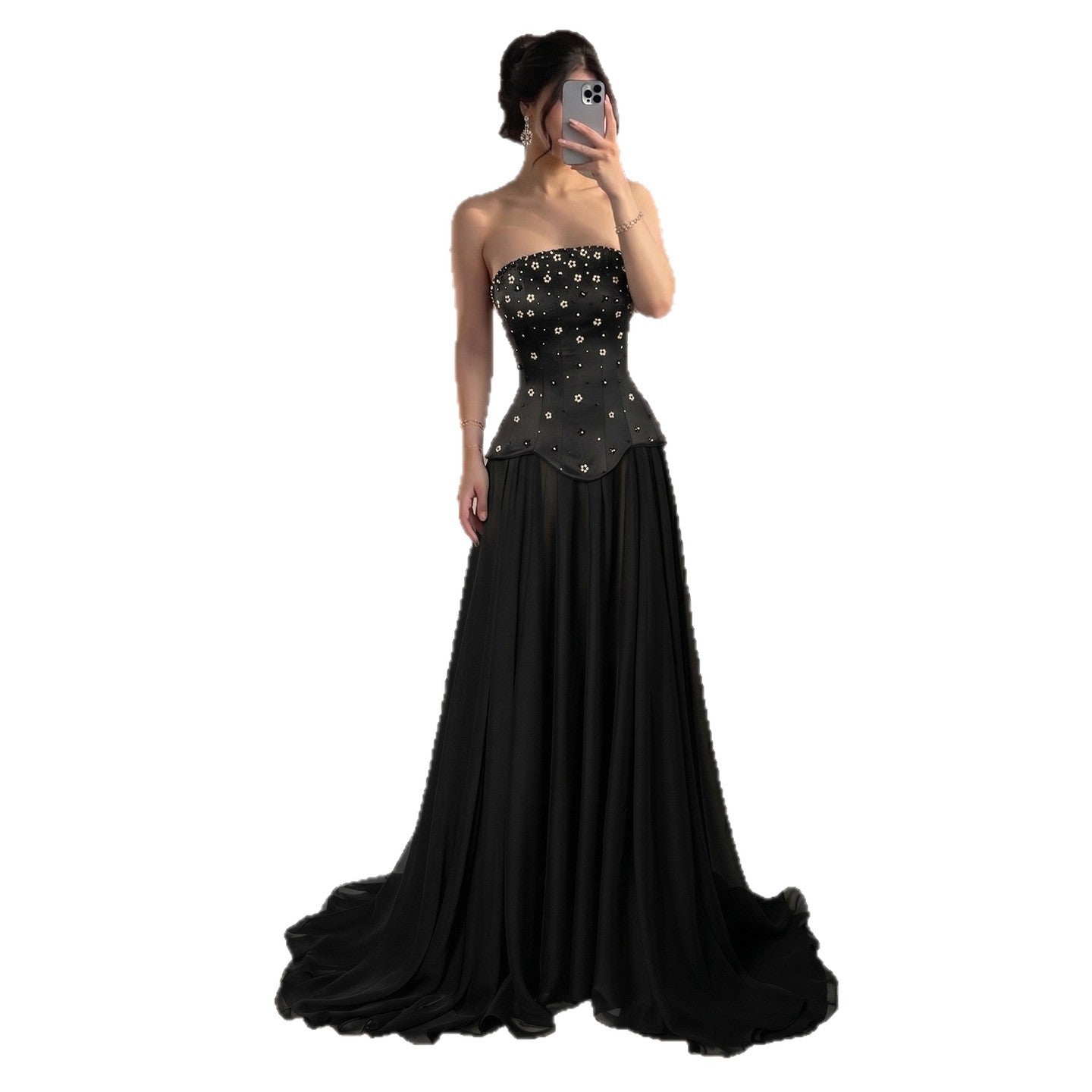 Luxury Black Chiffon Floral Beaded Strapless A Line Gown LA73728