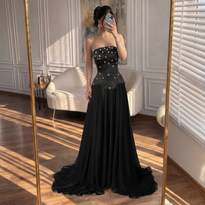 Luxury Black Chiffon Floral Beaded Strapless A Line Gown LA73728