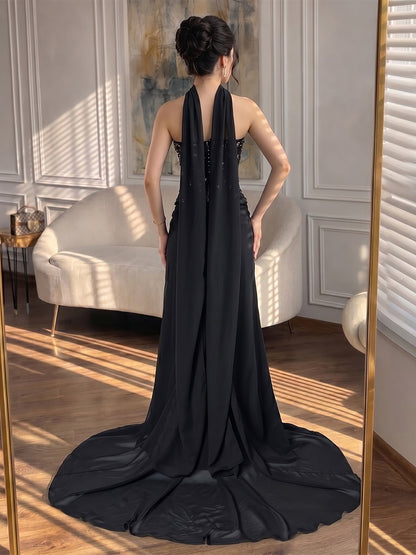 Luxury Black Chiffon Beaded Strapless A Line Evening Dress LA73728A