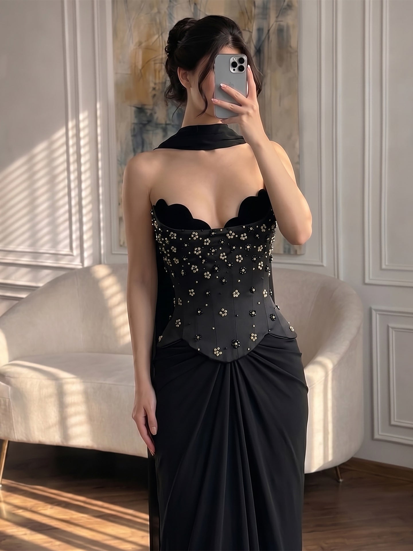 Luxury Black Chiffon Beaded Strapless A Line Evening Dress LA73728A