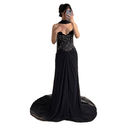 Luxury Black Chiffon Beaded Strapless A Line Evening Dress LA73728A