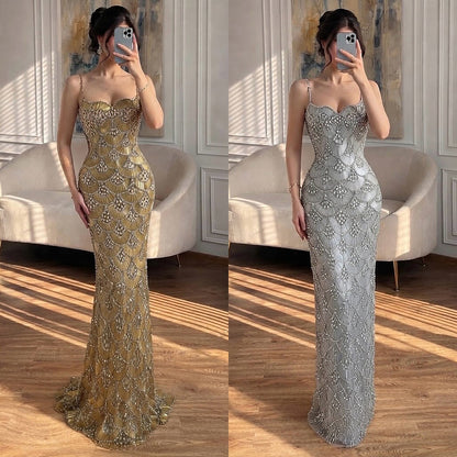 Luxury Gold Beaded Mermaid Evening Dress LA73733
