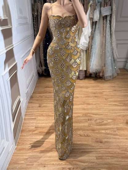 Luxury Gold Beaded Mermaid Evening Dress LA73733