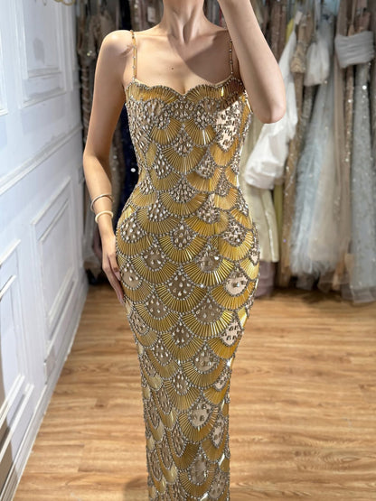 Luxury Gold Beaded Mermaid Evening Dress LA73733